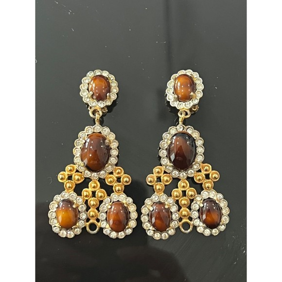 Vtg KJL Chandelier Earrings Clip on Brown Cabochon Rhinestone Dangle 60's - Picture 2 of 11